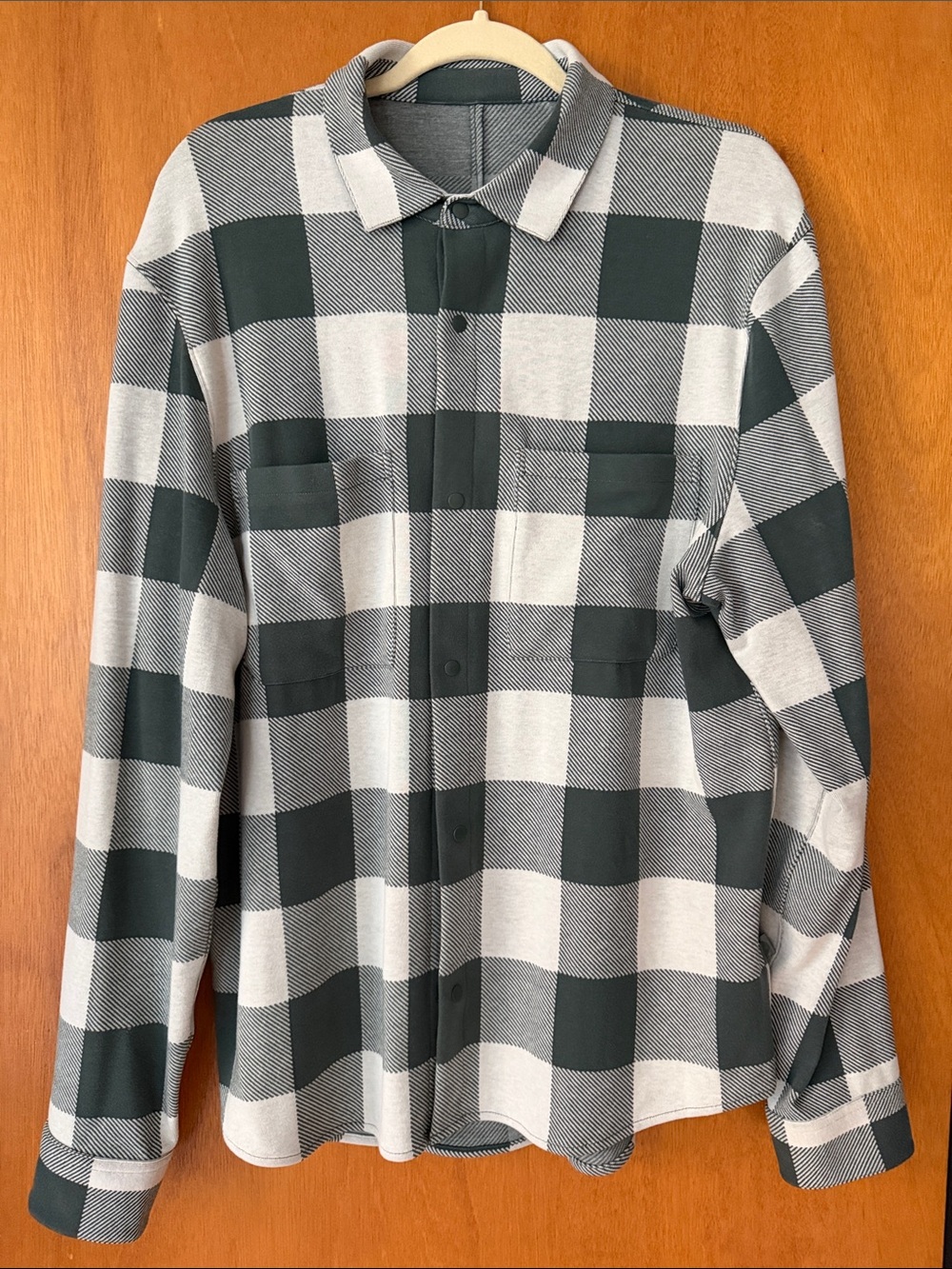 Lululemon Men's Green and Cream Plaid Button-Up Shirt